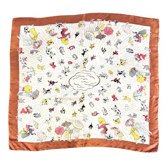 Silk Hand Rolled Raining Cats and Dogs Vintage Scarf RARE - Picture 12 of 14